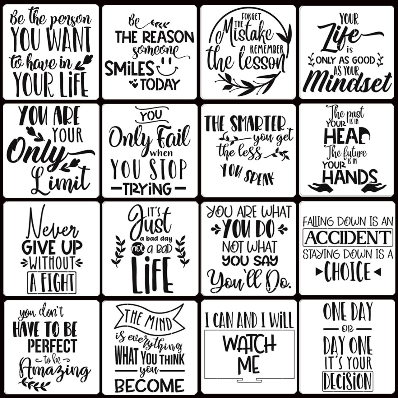 16PCS Inspirational Word Stencils Set – Reusable Quote & Motivational Phrase Templates for Painting on Wood, Wall, Canvas, Fabric, Paper & DIY Home Sign Decor (7.87×7.87 Inch)